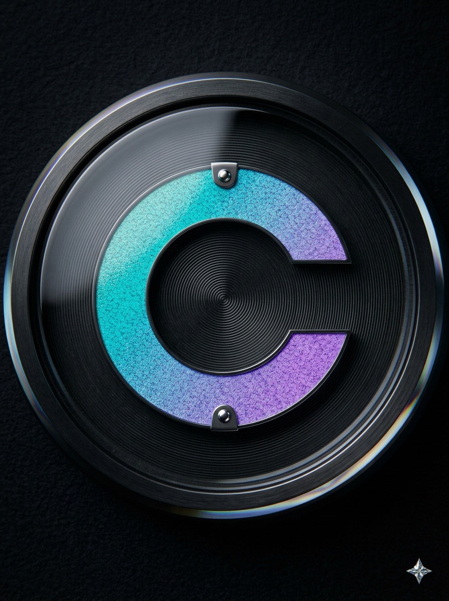 Emblème de Carbone : un disque de métal usiné portant un C en dégradé turquoise vers violet