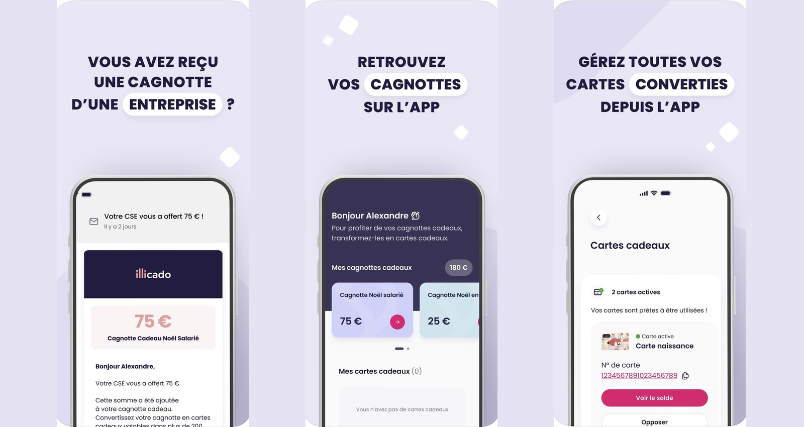 App illicado : recevoir une cagnotte d'entreprise, retrouver ses cagnottes sur l'app, gérer ses cartes cadeaux converties